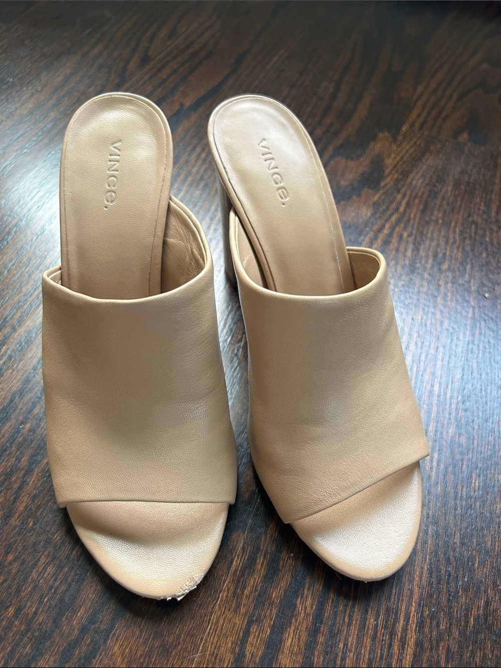 Vince Beige Open-Toe Leather Slide Mules